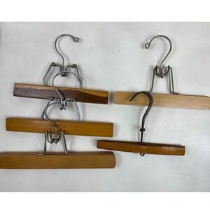 5 Wood‎ Pant Hangers Lot Vintage Skirt Hangers Metal Clip Grip Adjustable